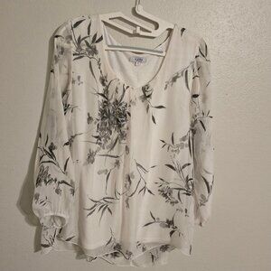 Rosemarine Made in Italy White Silk Cute Grey Floral Pattern Blouse Top Size S